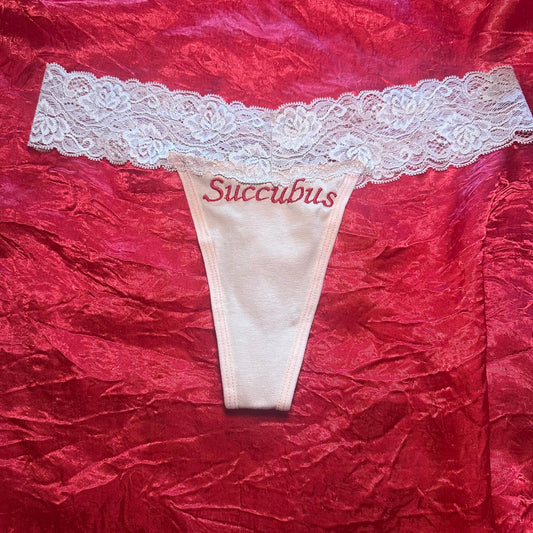 Succubus Lace Thong (S) beige/red