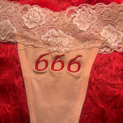 666 Lace Thong (S) beige/red