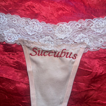 Succubus Lace Thong (S) beige/red